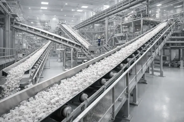 初級破碎工廠將原礦石英降至 5-10mm 進料粒度